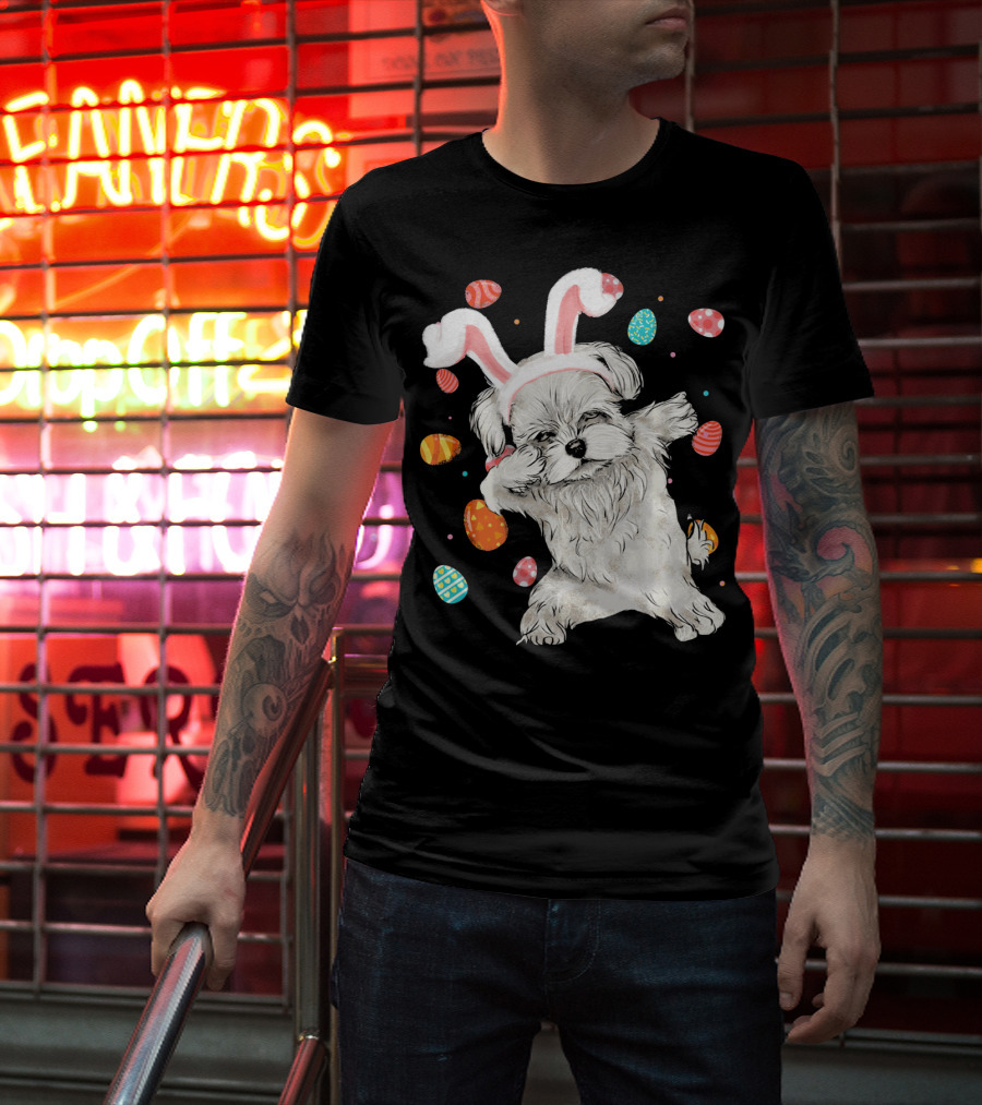 Dabbing Maltese Dog With Easter Bunny Ears And Colorful Eggs T-Shirt
