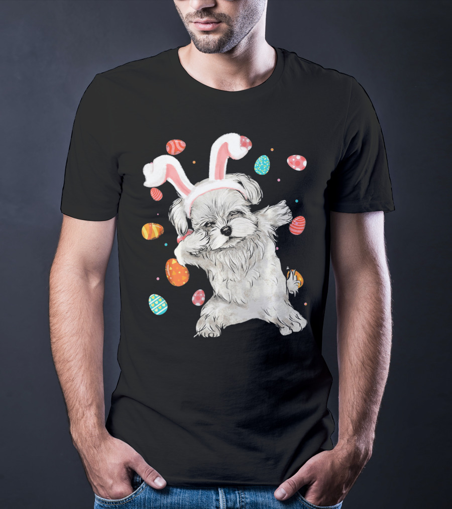Dabbing Maltese Dog With Easter Bunny Ears And Colorful Eggs T-Shirt