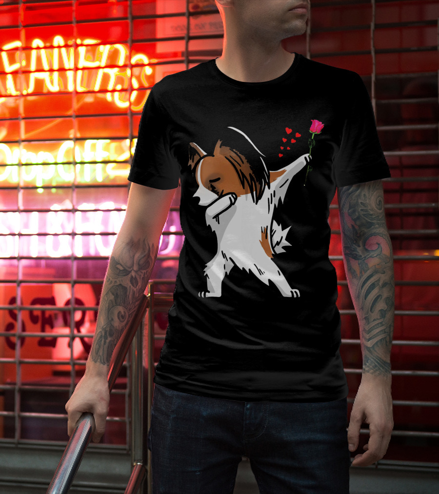 Dabbing Papillon Dog Holding Rose With Hearts For Valentines Day T-Shirt