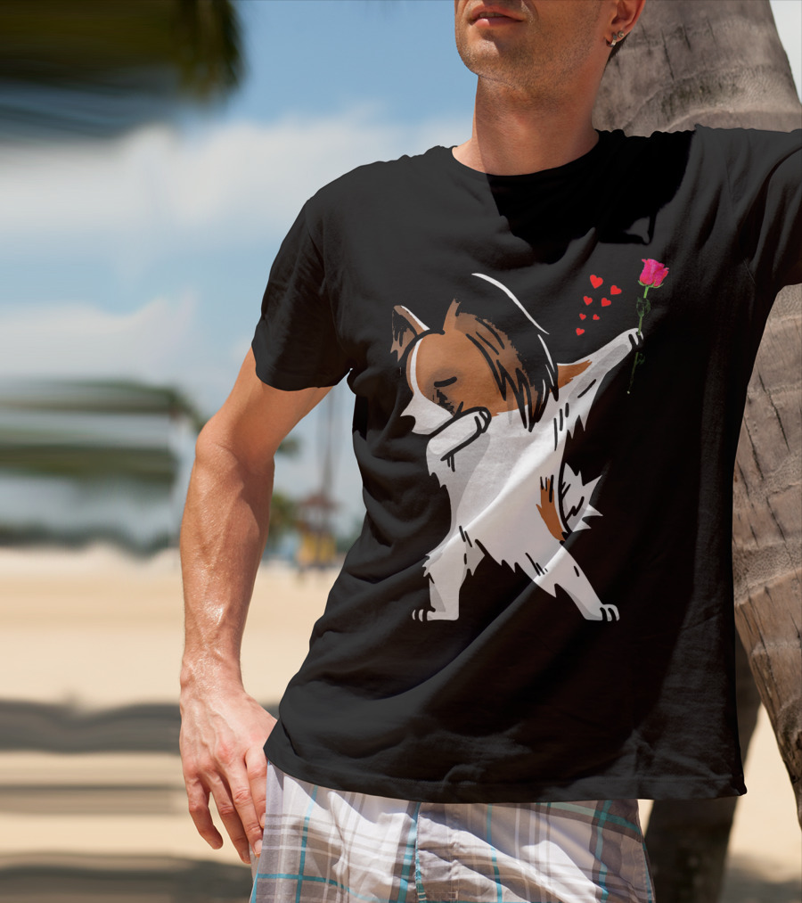 Dabbing Papillon Dog Holding Rose With Hearts For Valentines Day T-Shirt