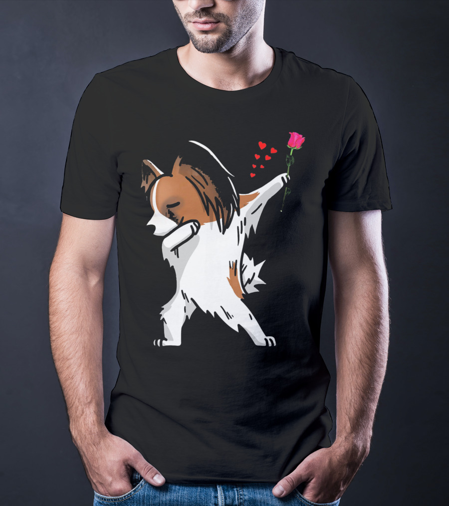 Dabbing Papillon Dog Holding Rose With Hearts For Valentines Day T-Shirt