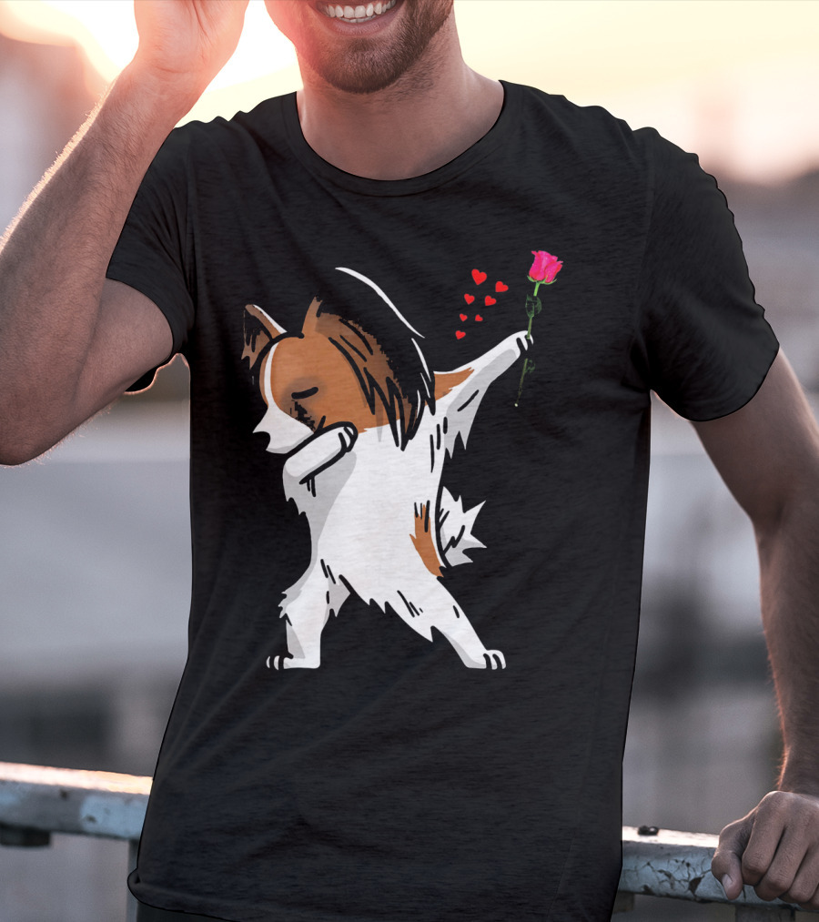 Dabbing Papillon Dog Holding Rose With Hearts For Valentines Day T-Shirt