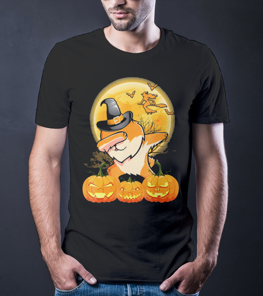 Dabbing Pomeranian Dog Halloween Pumpkin Witch Moon T-Shirt