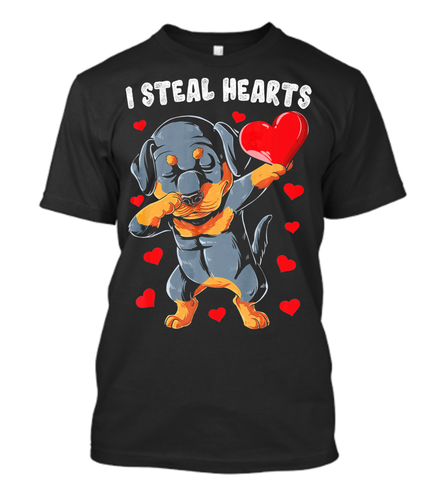 Dabbing Rottweiler Holding Heart Surrounded By I Steal Hearts Text T-Shirt