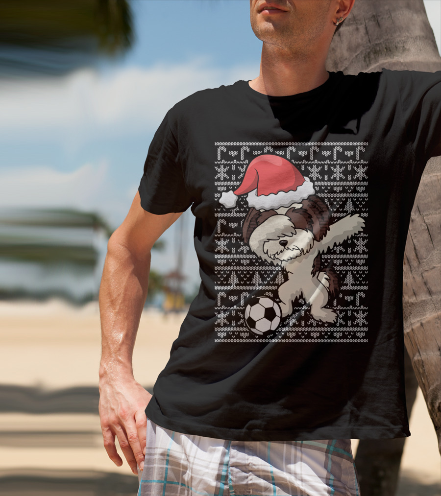 Santa Hat Dabbing Shih Tzu Soccer Ball Holiday Knit T-Shirt