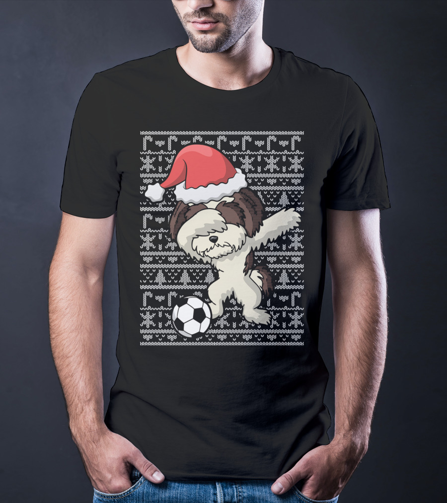 Santa Hat Dabbing Shih Tzu Soccer Ball Holiday Knit T-Shirt