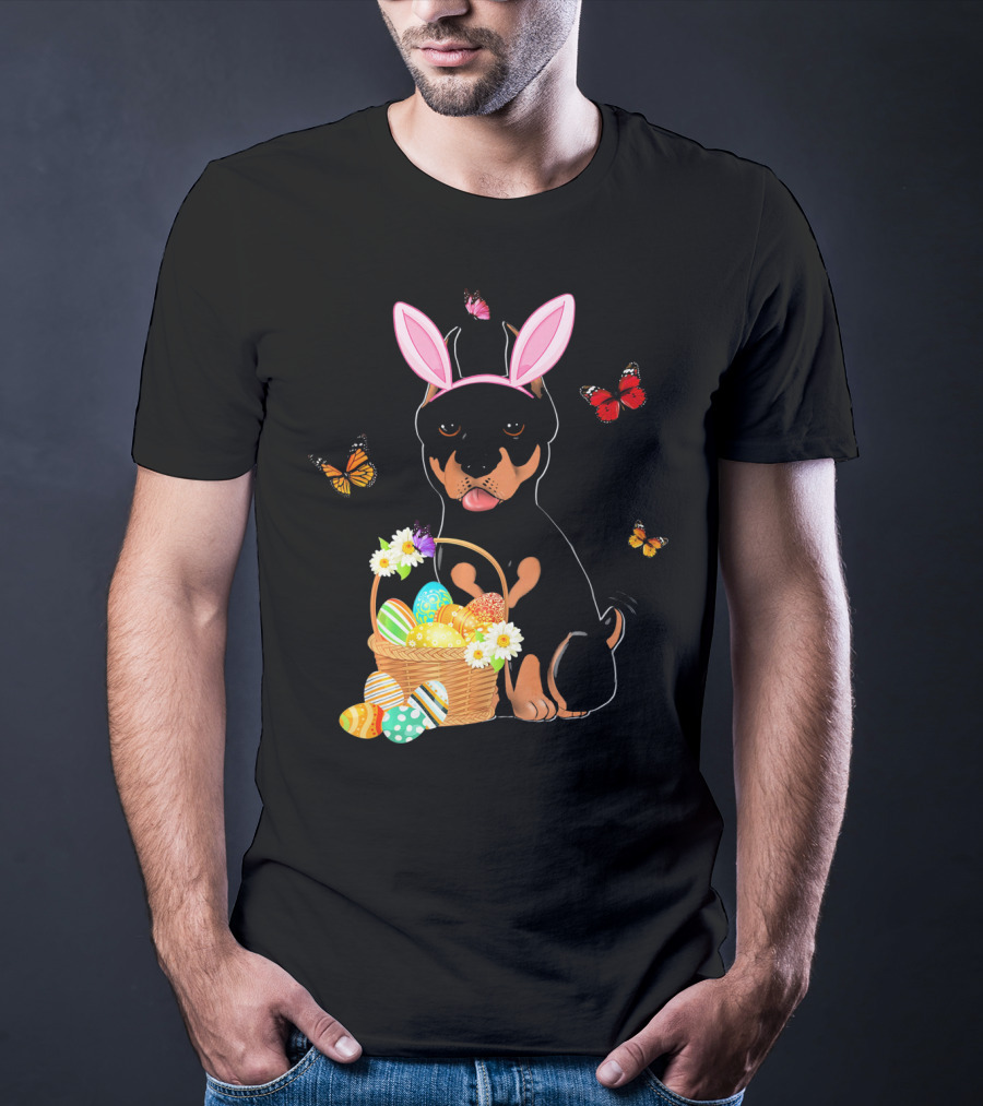Doberman Bunny Hat Rabbit With Basket Of Easter Eggs And Butterflies T-Shirt