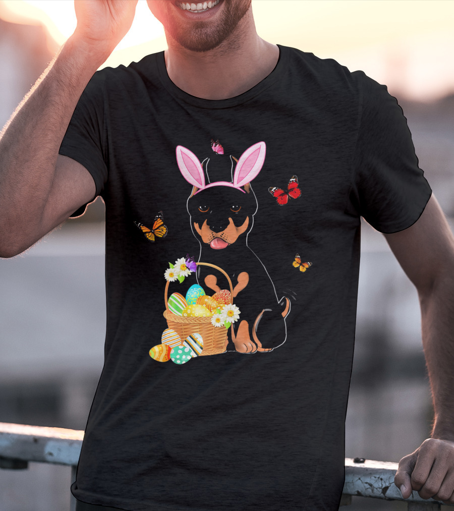 Doberman Bunny Hat Rabbit With Basket Of Easter Eggs And Butterflies T-Shirt