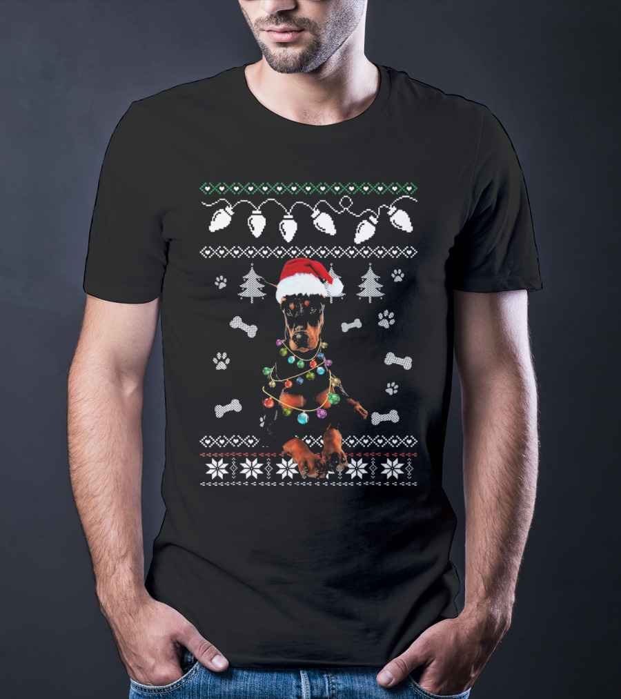 Doberman Festive Santa Hat Lights Christmas T-Shirt