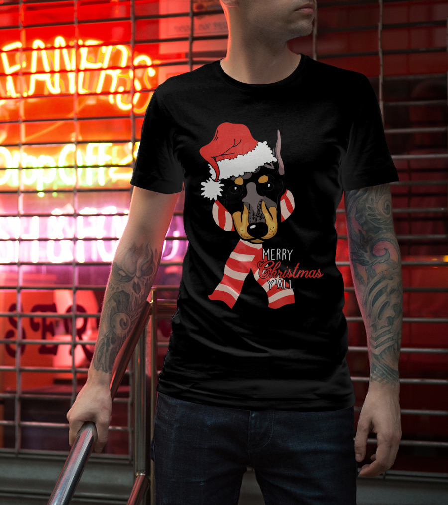 Merry Christmas Y'all Doberman Dog With Santa Hat And Candy Cane Stripes T-Shirt