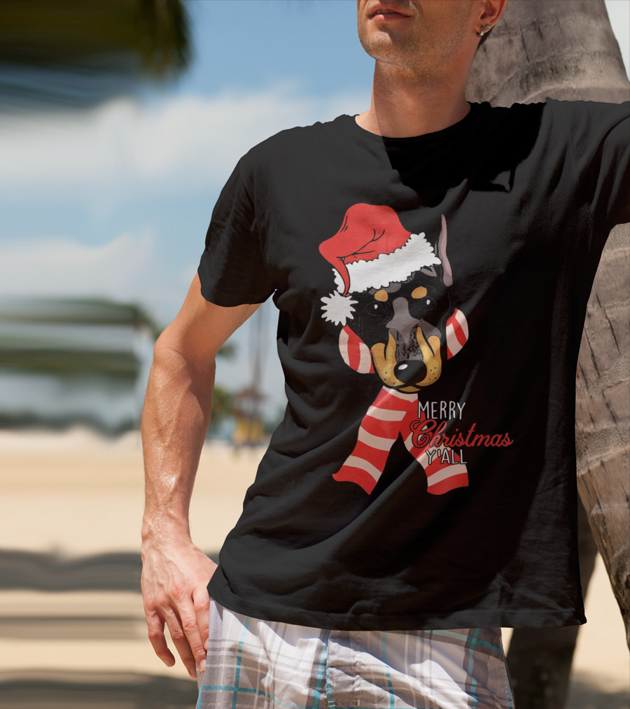 Merry Christmas Y'all Doberman Dog With Santa Hat And Candy Cane Stripes T-Shirt