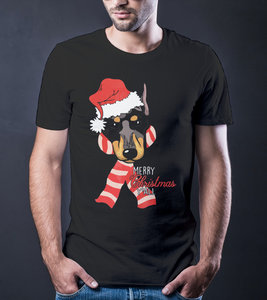 Merry Christmas Y'all Doberman Dog With Santa Hat And Candy Cane Stripes T-Shirt