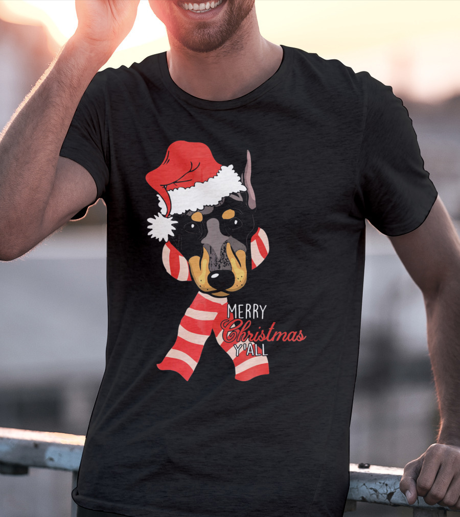 Merry Christmas Y'all Doberman Dog With Santa Hat And Candy Cane Stripes T-Shirt