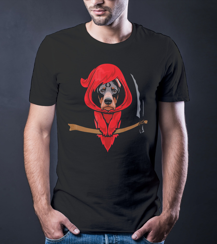 Doberman Grim Reaper Red Hood Scythe T-Shirt