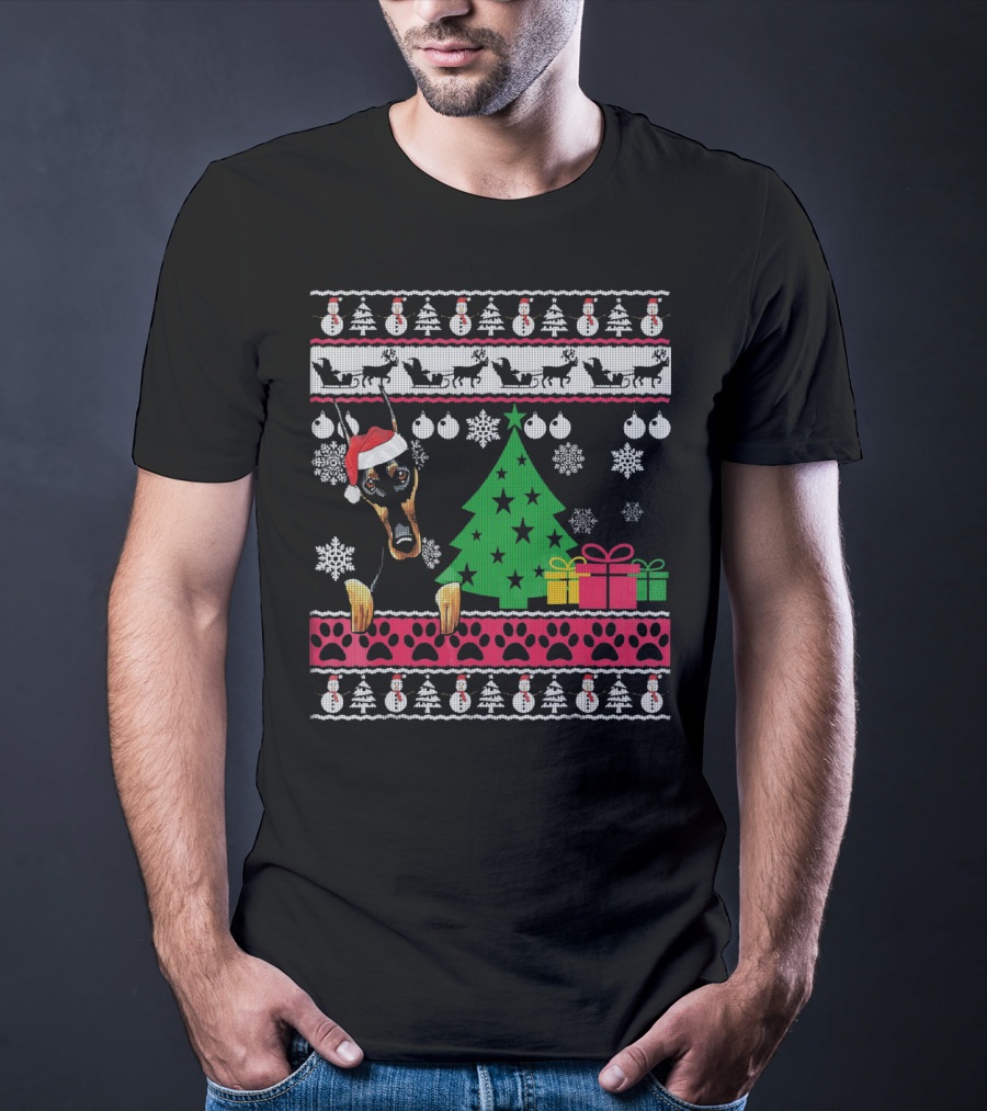 Doberman Christmas Sweater With Santa Hat And Festive Decorations T-Shirt