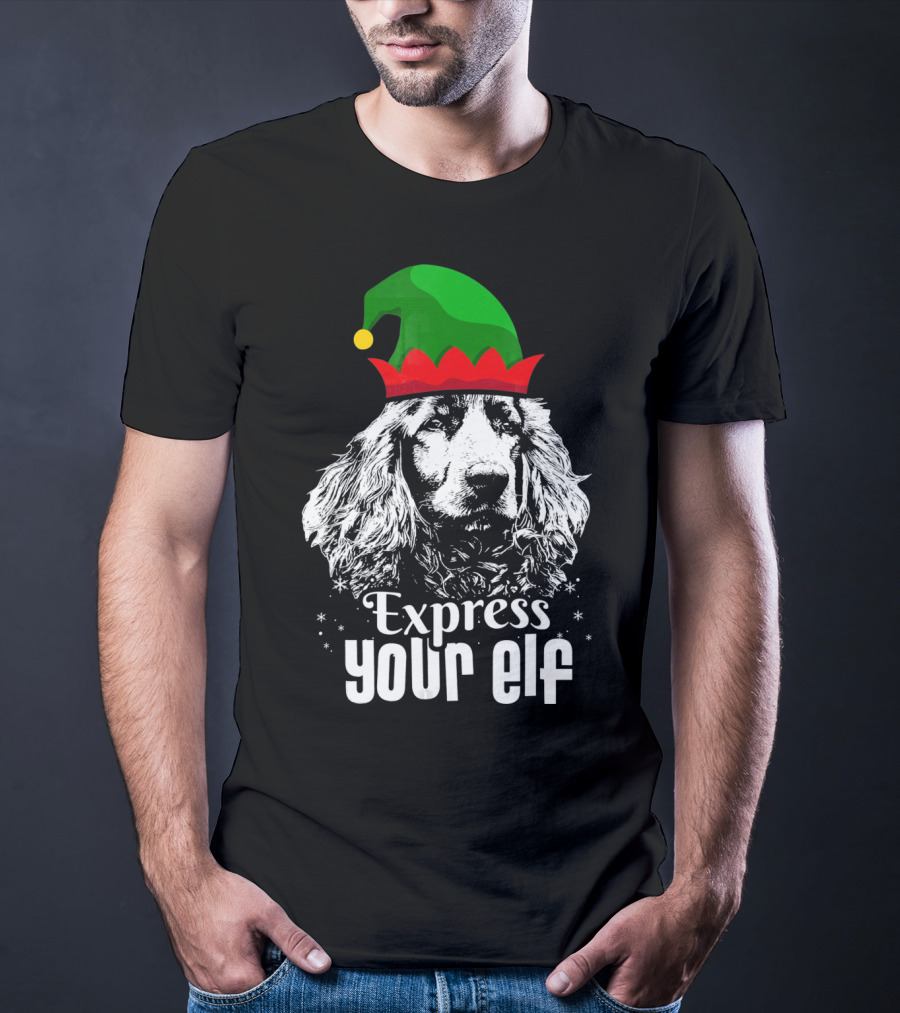 Express Your Elf English Cocker Spaniel Christmas Dog Wearing Green And Red Elf Hat T-Shirt