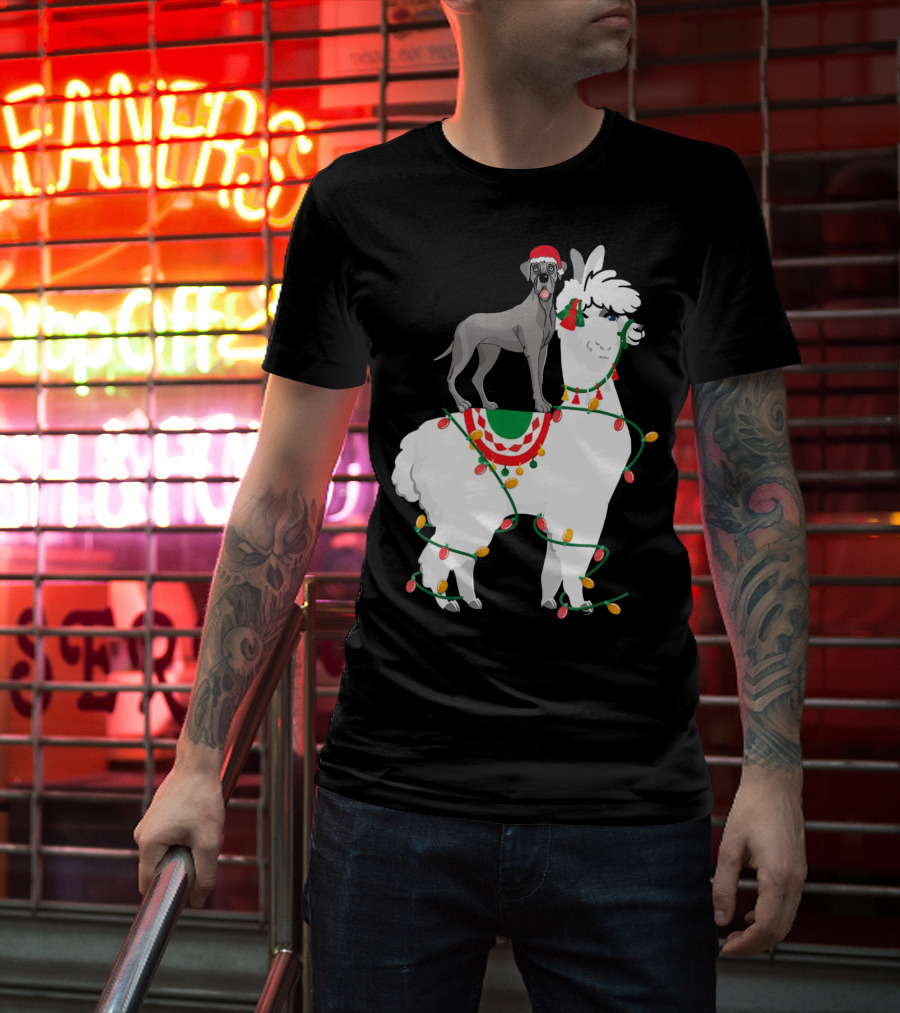 Fa La LLAMA Great Dane With Santa Hat On Llama Christmas Lights T-Shirt