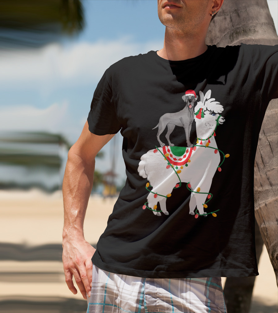 Fa La LLAMA Great Dane With Santa Hat On Llama Christmas Lights T-Shirt