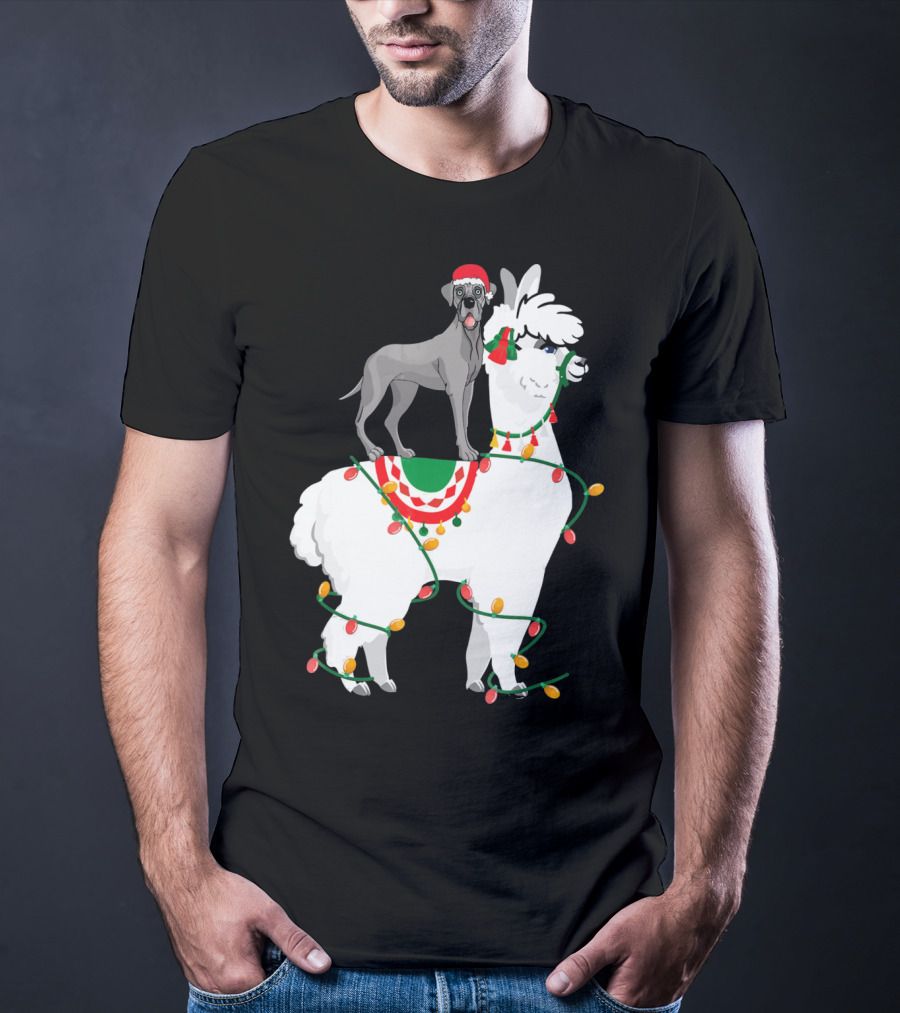 Fa La LLAMA Great Dane With Santa Hat On Llama Christmas Lights T-Shirt