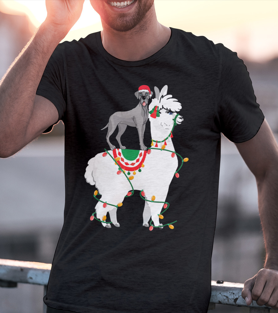 Fa La LLAMA Great Dane With Santa Hat On Llama Christmas Lights T-Shirt
