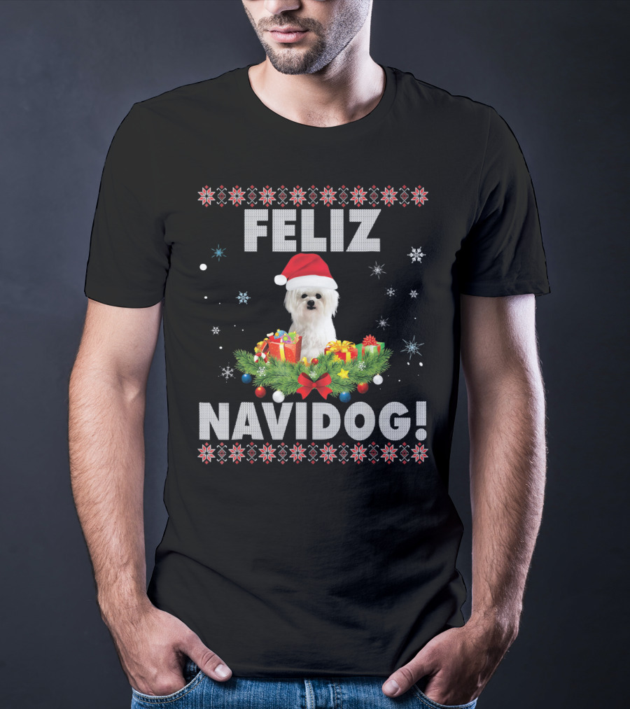 Feliz Navidog Maltese Dog Christmas Santa Hat Holiday Festive T-Shirt