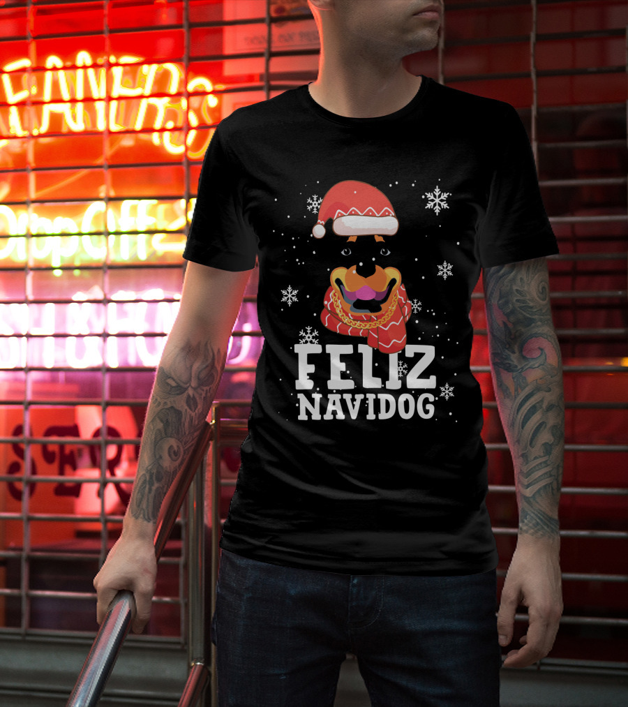 Feliz Navidog Rottweiler Christmas Santa Hat Snowflakes Ugly Sweaters T-Shirt