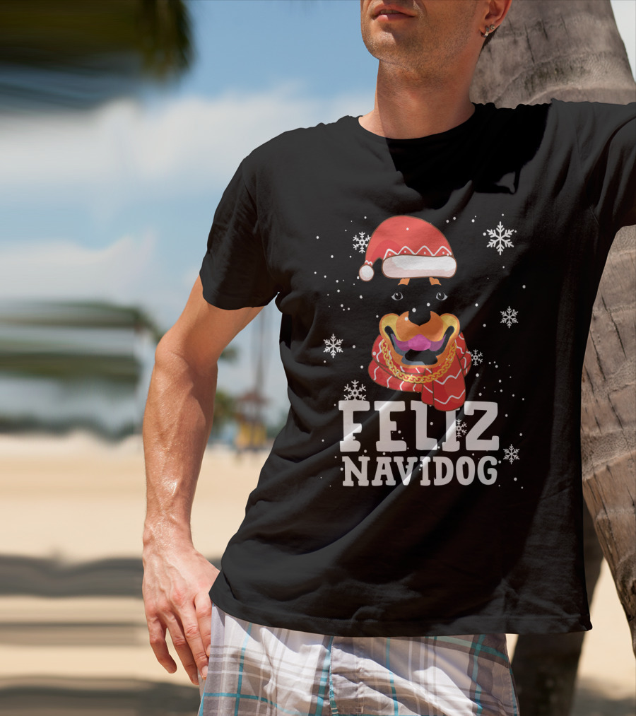 Feliz Navidog Rottweiler Christmas Santa Hat Snowflakes Ugly Sweaters T-Shirt