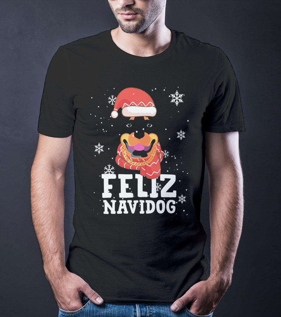 Feliz Navidog Rottweiler Christmas Santa Hat Snowflakes Ugly Sweaters T-Shirt