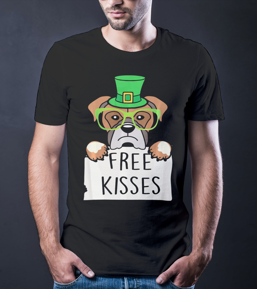 Free Kisses Boxer Dog Leprechaun St Patrick Hat Green Glasses T-Shirt