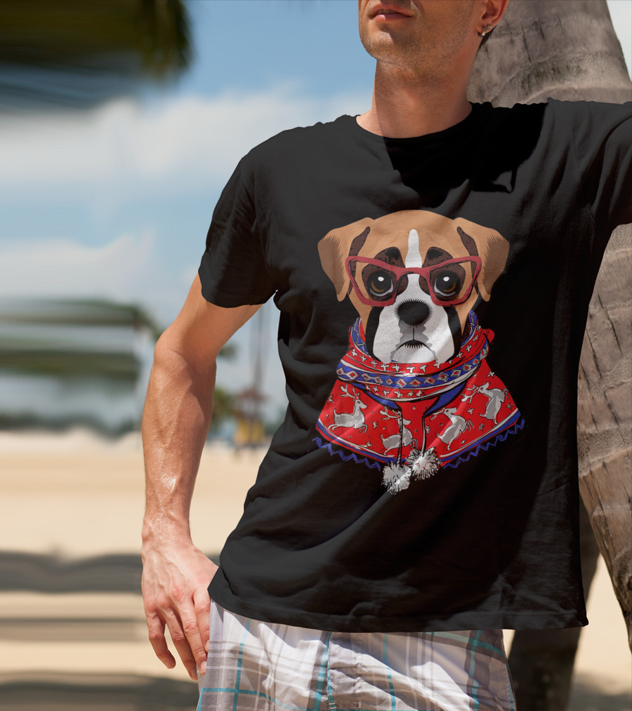 Funny Boxer Dog With Glasses In Christmas Scarf Holiday Look T-Shirt