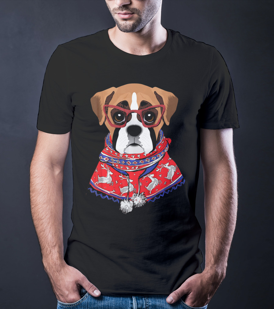 Funny Boxer Dog With Glasses In Christmas Scarf Holiday Look T-Shirt