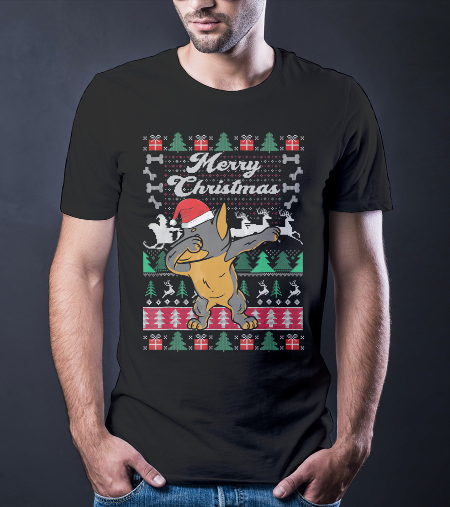 Merry Christmas Doberman Dabbing In Santa Hat With Holiday Symbols T-Shirt