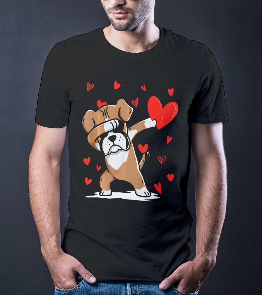 Dabbing Boxer Dog Holding Heart With Valentines Day T-Shirt