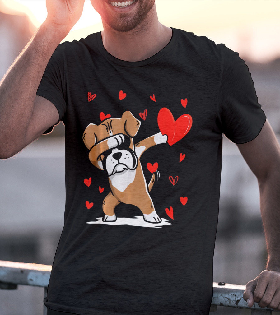 Dabbing Boxer Dog Holding Heart With Valentines Day T-Shirt