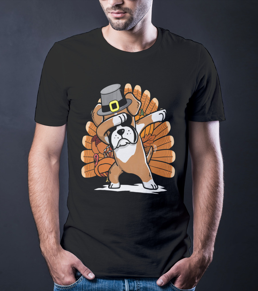 Thanksgiving Dabbing Boxer Dog Pilgrim Hat Turkey T-Shirt