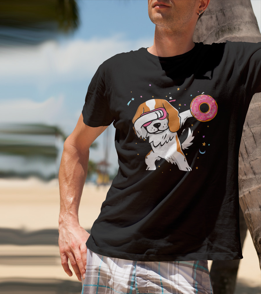 Funny Dabbing Cavalier King Charles Spaniel With Pink Frosted Donut T-Shirt