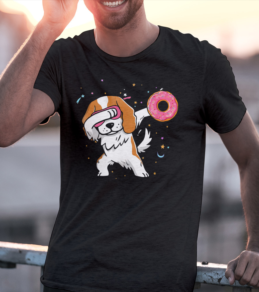 Funny Dabbing Cavalier King Charles Spaniel With Pink Frosted Donut T-Shirt
