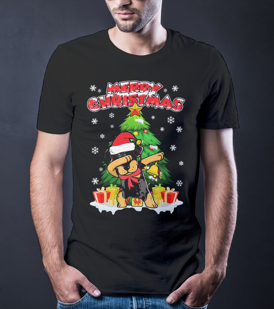 Merry Christmas Dabbing Rottweiler With Santa Hat And Gifts T-Shirt
