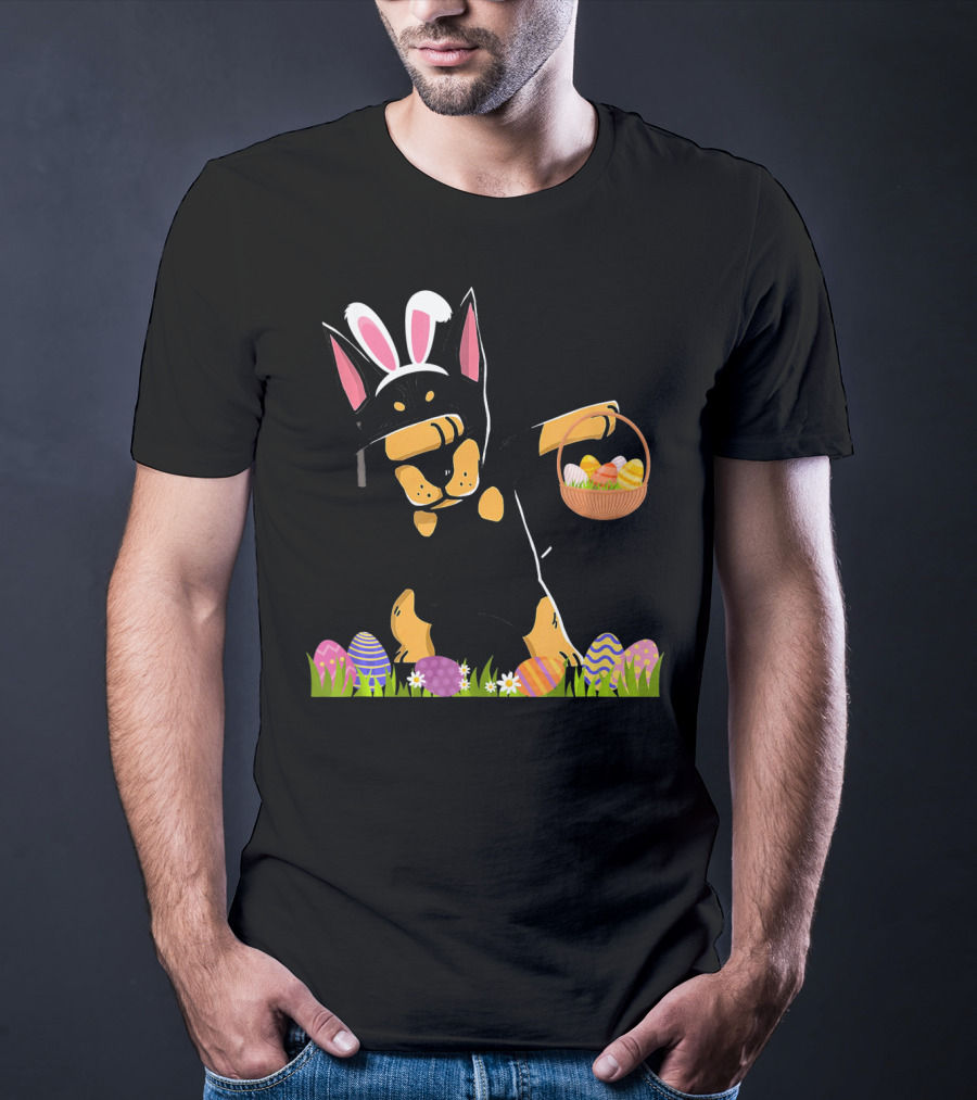 Doberman Dabbing With Bunny Ears And Easter Basket Of Eggs T-Shirt