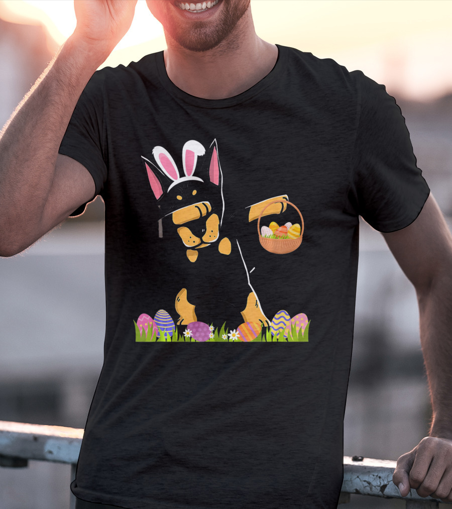 Doberman Dabbing With Bunny Ears And Easter Basket Of Eggs T-Shirt