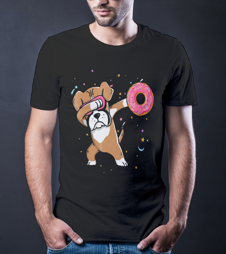 Funny Donut Day Dabbing Boxer With Sprinkled Donut In Stars And Moon T-Shirt