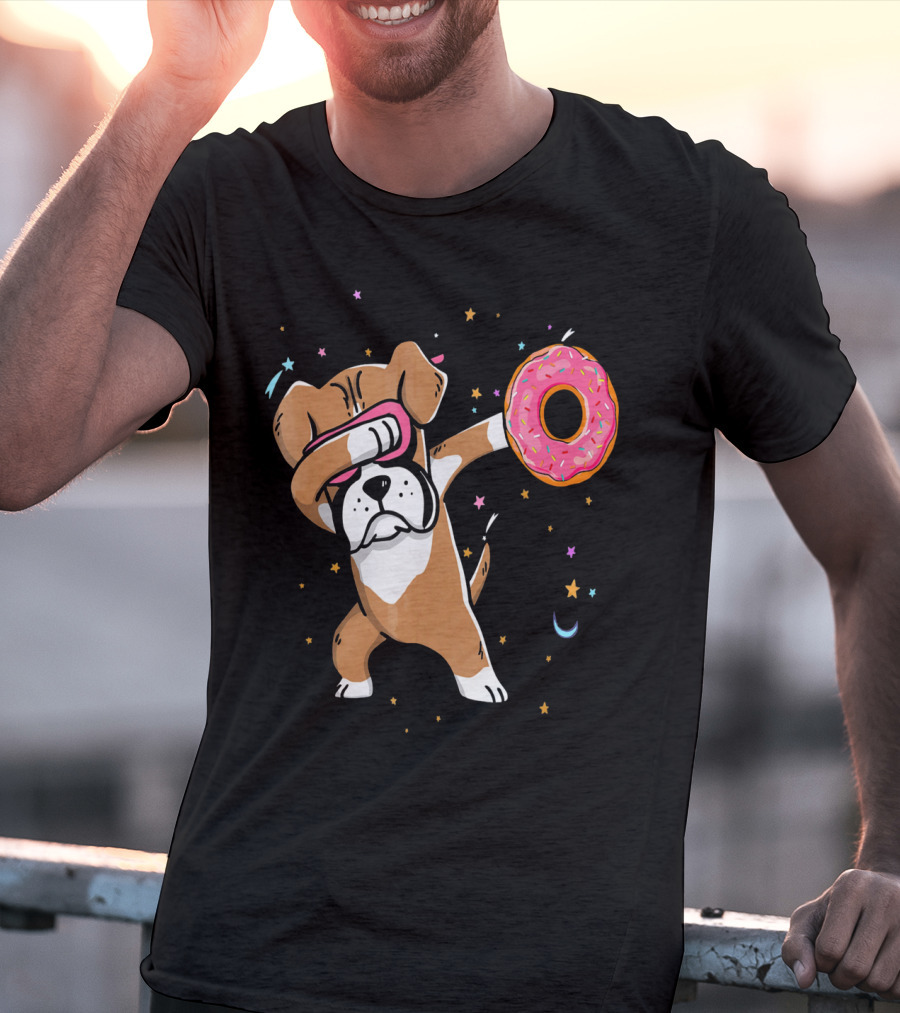Funny Donut Day Dabbing Boxer With Sprinkled Donut In Stars And Moon T-Shirt