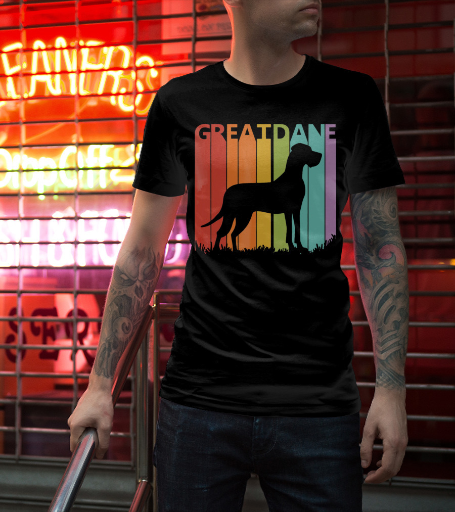 Great Dane Dog Silhouette Retro Rainbow Stripes T-Shirt