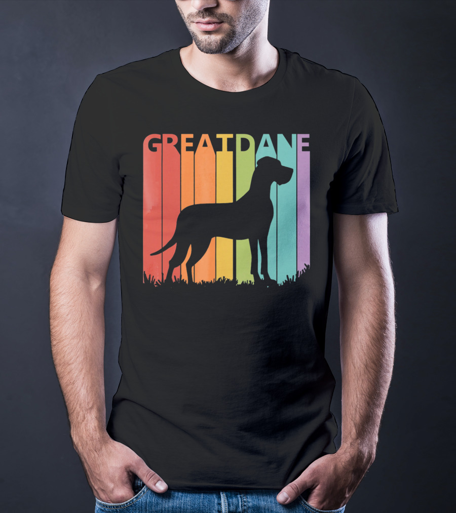 Great Dane Dog Silhouette Retro Rainbow Stripes T-Shirt