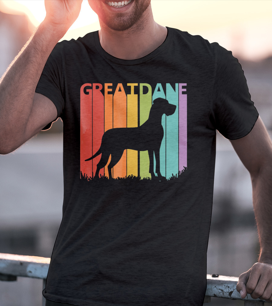 Great Dane Dog Silhouette Retro Rainbow Stripes T-Shirt