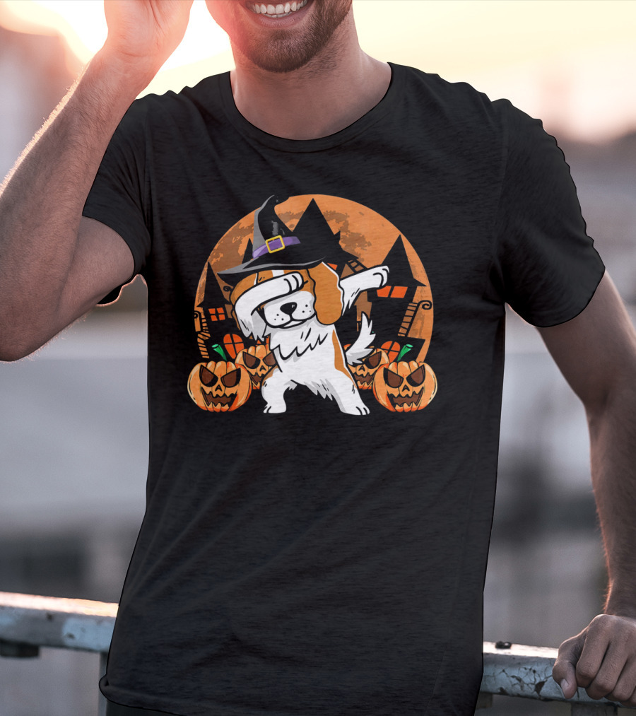 Funny Halloween Dabbing Cavalier Witch Hat Pumpkins Haunted House T-Shirt