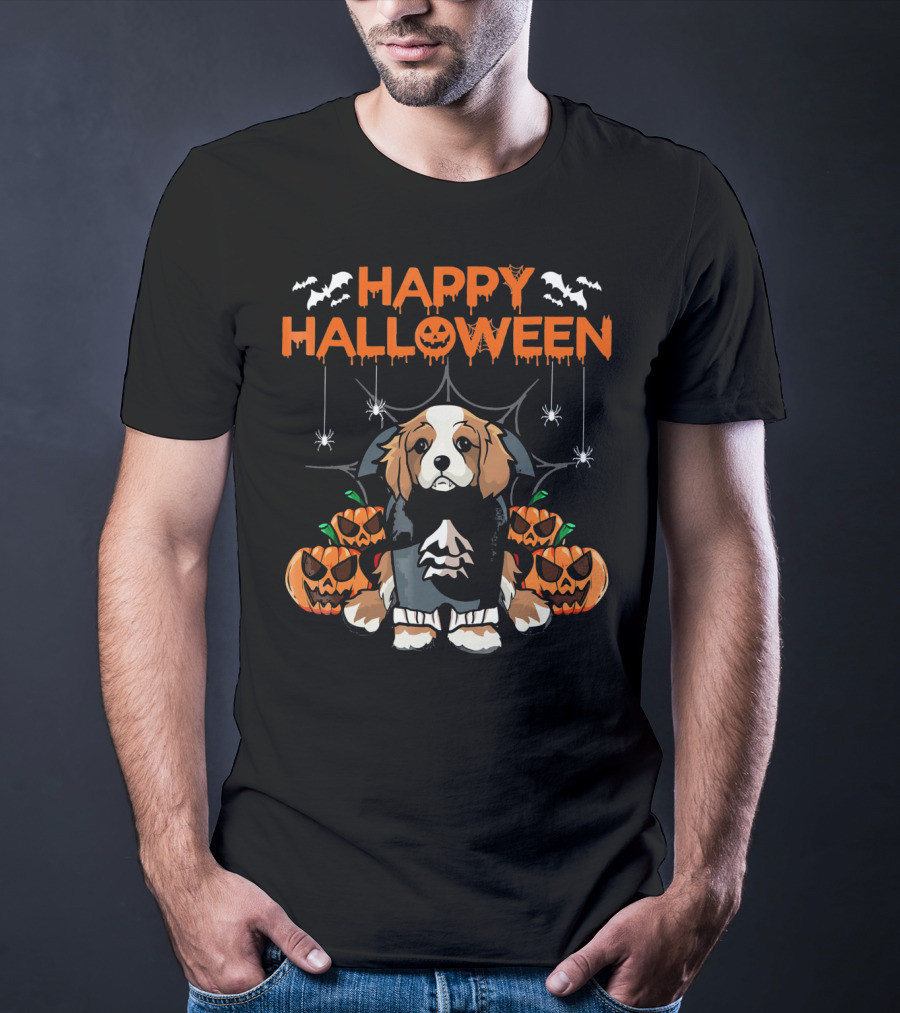Happy Halloween Vampire Cavalier Dog Surrounded By Pumpkins And Bats T-Shirt