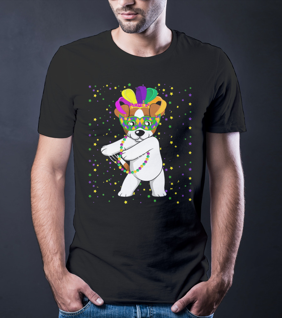 Jack Russell Flossing Jester Hat Mardi Gras Beads Dog T-Shirt