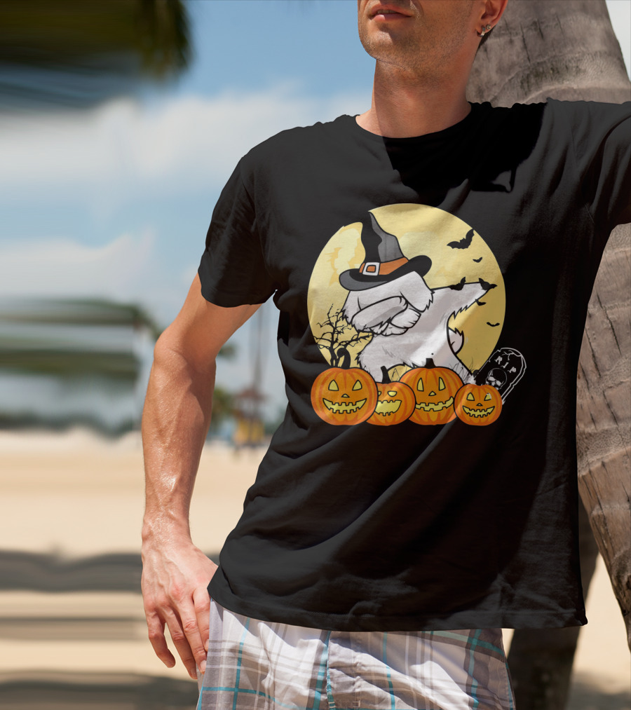 Funny Halloween Maltese Dog With Pumpkins And Witch Hat T-Shirt