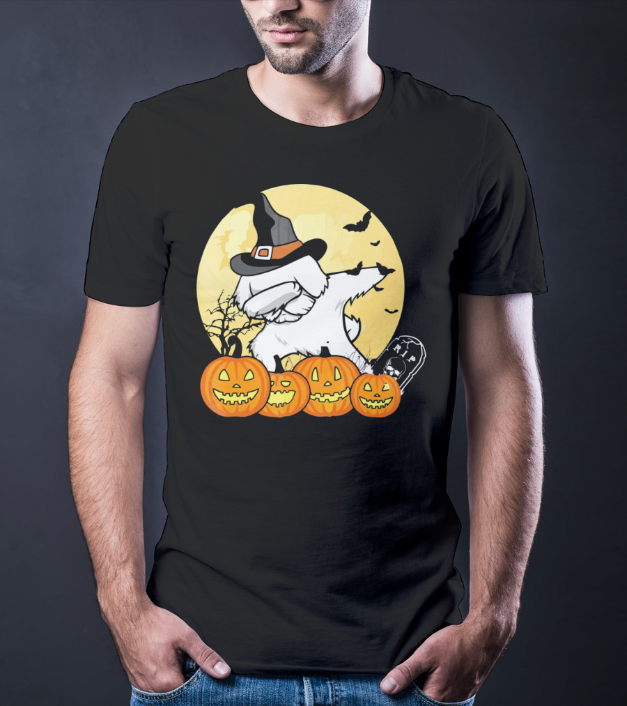 Funny Halloween Maltese Dog With Pumpkins And Witch Hat T-Shirt